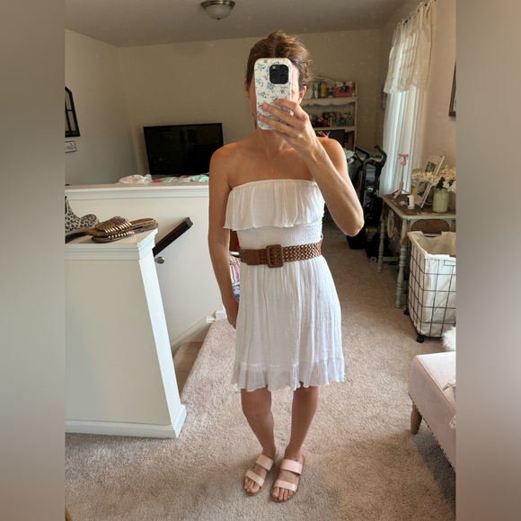 White strapless belted hi low dress - Picture 2 of 15